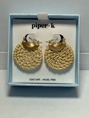 Piper K Woven Rattan Hoop Drop Earrings Gold Tone Boho Summer Statement New